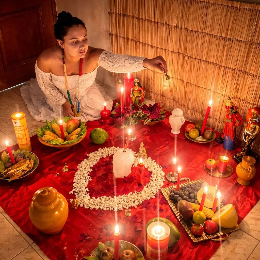 Taróloga Flávia trabalhando em seu ambiente de atendimento espiritual
